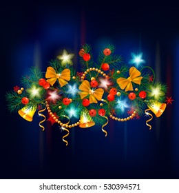 Glowing Lights Wreath for Holiday Greeting Cards Design. New Year's pattern. Garland. Snowflakes. Winter Decoration. Bow. Ribbon. Spruce Branches. Fir. Pine. luminous garland. Bell. Rowan Berries.