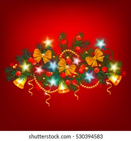  Glowing Lights Wreath for Holiday Greeting Cards Design. New Year's pattern. Garland. Snowflakes. Winter Decoration. Bow. Ribbon. Spruce Branches. Fir. Pine. luminous garland. Bell. Rowan Berries.