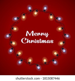 Glowing lights Wreath for Xmas Holiday Greeting Cards Design. Colourful Glowing Christmas Lights. Vector illustration.
