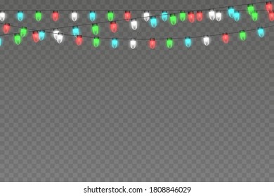 Glowing lights for Xmas Holiday cards, banners, posters, web design. Garlands decorations. Christmas lights. Vector String with glowing light bulbs.