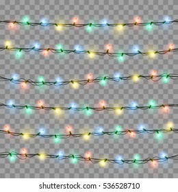 Glowing lights for Xmas Holiday greeting card design. Christmas lights isolated realistic design elements. Garlands on white background vector illustration