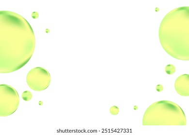 Glowing lime green 3D liquid bubbles or fluid jelly droplets isolated on transparent background. Aesthetic fresh composition for cosmetology, beauty science, skin care molecular concept.
