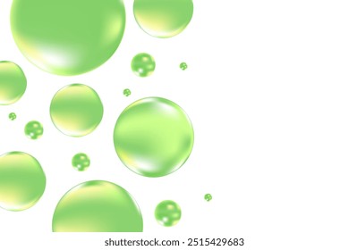 Bolhas de líquido 3D verde-limão brilhante ou gotas de geleia fluida isoladas sobre fundo transparente. Composição estética fresca para cosmetologia, ciência da beleza, conceito molecular de cuidados com a pele.