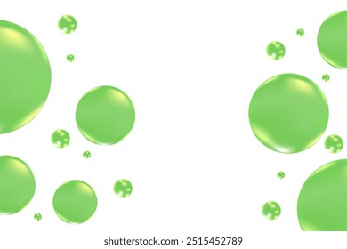 Glowing lime green 3D liquid bubbles or fluid jelly droplets isolated on transparent background. Aesthetic fresh composition for cosmetology, beauty science, skin care molecular concept.