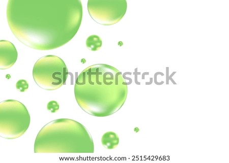 Glowing lime green 3D liquid bubbles or fluid jelly droplets isolated on transparent background. Aesthetic fresh composition for cosmetology, beauty science, skin care molecular concept.