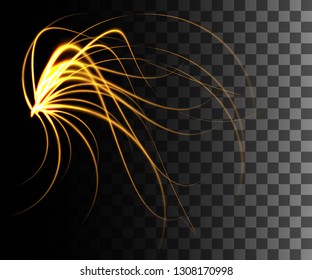 Glowing line abstract effect. Golden lines light effect on transparent background.