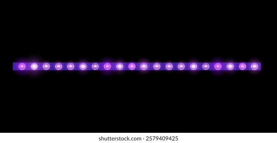 Glowing line garland with lilac light bulbs. Shiny lamp border, billboard. Holiday decoration with led string neon lamps. Circus, cinema, casino illumination vector isolated on black background