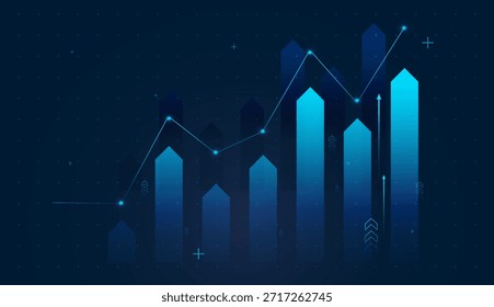 A glowing line graph climbs across tall blue bars, showing dynamic market movement. and Vertical neon columns form a futuristic financial dashboard backdrop