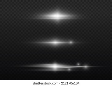 Glowing line on a transparent background. Abstract white rays with sparks effect. Optical lens flare light effects. Laser beams, horizontal beams of light, bright flash. Vector illustration. 