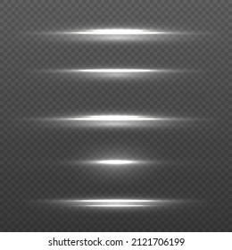 Glowing line on a transparent background. Abstract white rays with sparks effect. Optical lens flare light effects. Laser beams, horizontal beams of light, bright flash. Vector illustration. 