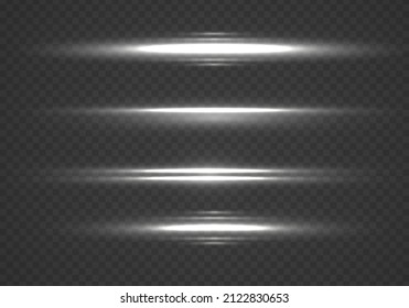Glowing line on a transparent background. Abstract white rays with sparks effect. Optical lens flare light effects. Laser beams, horizontal beams of light, bright flash. Vector illustration. 