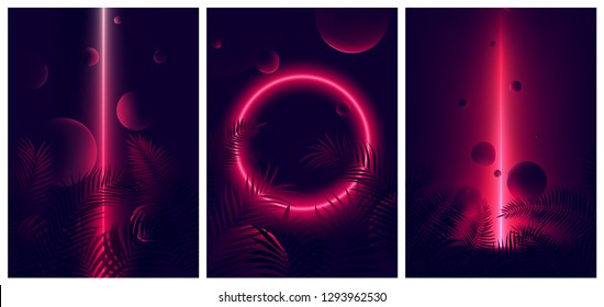 Glowing line red neon reflex on tropical leaves and spheres, Futuristic gradient glow on dark background, Vector retro poster for your design