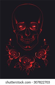 Glowing linear skull with with red luminous eyes and roses