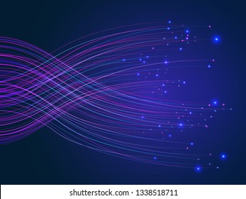 Glowing lines abstract big data concept tech vector background. Digital geometric blue purple line streams visual optic technology, diodes, speed concept. Fiber optics scientific background in blue