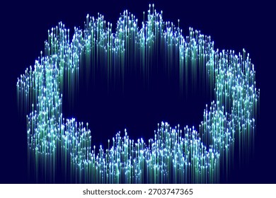 Linhas brilhantes abstrato conceito de big data vetor técnico fundo. Linha geométrica digital transmite tecnologia óptica visual, diodos, conceito de velocidade. Fundo científico da fibra óptica, azul turquesa verde