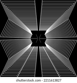 Abstraktes geometrisches Schwarz-Weiß-Bild.  Tiefe Dimension des Vektorhintergrunds. Weiße reflektierende Linien.