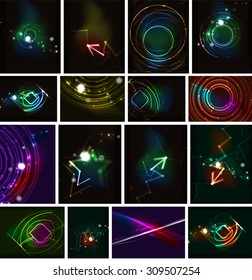 Glowing lines in the dark space, set of abstract backgrounds, modern hi-tech futuristic message presentation layouts or wallpapers