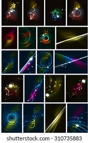 Líneas brillantes en el espacio oscuro, conjunto de orígenes abstractos, diseños modernos de presentación de mensajes futuristas de alta tecnología o fondos de pantalla