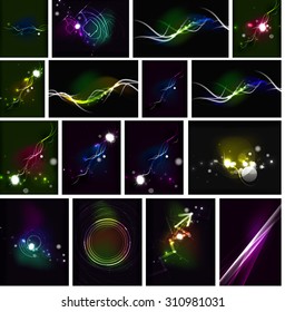 Glowing lines in the dark space, set of abstract backgrounds, modern hi-tech futuristic message presentation layouts or wallpapers