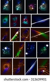 Glowing lines in the dark space, set of abstract backgrounds, modern hi-tech futuristic message presentation layouts or wallpapers