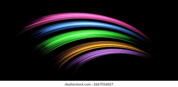 Glowing lines of different colors. Dynamic neon realistic energy waves. Abstract curved light effect on dark background. Vector illustration.