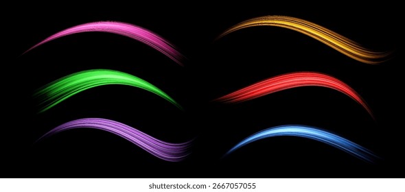 Líneas brillantes de diferentes colores. Ondas de energía realistas de neón dinámicas. Abstractas efecto de luz curvada sobre fondo oscuro. Ilustración vectorial.