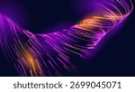 Glowing Lines and Dots Flow on Dark Background. Vibrant Neon Purple and Orange Light Trails Optic Fiber Fast Speed Internet Abstract Optic Fiber Concept. 5G Tech Data Flow Stream. Science Vector.