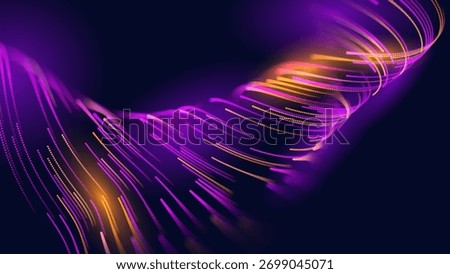 Glowing Lines and Dots Flow on Dark Background. Vibrant Neon Purple and Orange Light Trails Optic Fiber Fast Speed Internet Abstract Optic Fiber Concept. 5G Tech Data Flow Stream. Science Vector.