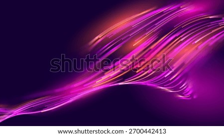 Glowing Lines and Dots Flow on Dark Background. Vibrant Neon Purple and Orange Light Trails Optic Fiber Fast Speed Internet Abstract Optic Fiber Concept. 5G Tech Data Flow Stream. Science Vector.