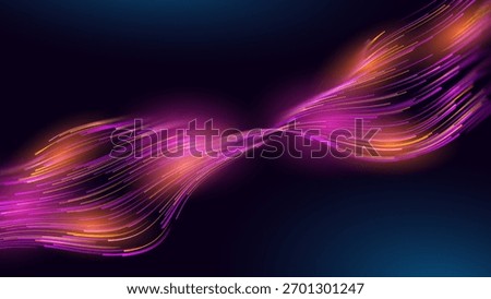 Glowing Lines and Dots Flow on Dark Background. Vibrant Neon Purple and Orange Light Trails Optic Fiber Fast Speed Internet Abstract Optic Fiber Concept. 5G Tech Data Flow Stream. Science Vector.