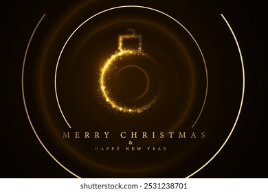 Líneas brillantes y polvo de oro Bola decorativa de Navidad Tarjeta de felicitación de Navidad creativa y moderna y Ilustración vectorial de fondo de celebración. 