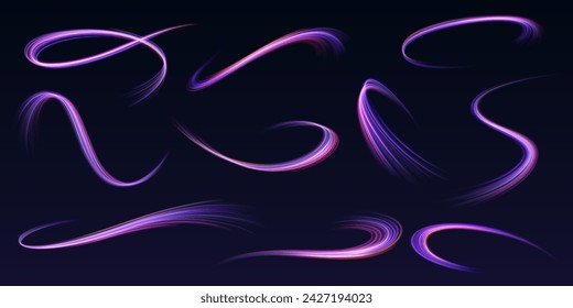 Glowing lines realistic vector illustration set. Shiny moving neon traces 3d elements on black background. Sci-fi design template