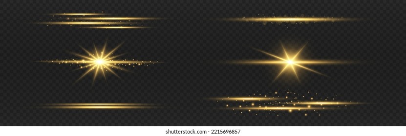 Glowing lines set. Horizontal gold light. Bright yellow flashes. Luxury light flares. Sparkling laser beams. Abstract shining glares. Vector illustration.