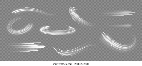 Glowing lines. Speed effect curved and straight lines and tornado wind swirl, white light trails. Abstract magic sparkles, dynamic motion traces with glow. Vector isolated set.