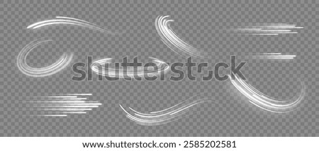 Glowing lines. Speed effect curved and straight lines and tornado wind swirl, white light trails. Abstract magic sparkles, dynamic motion traces with glow. Vector isolated set.