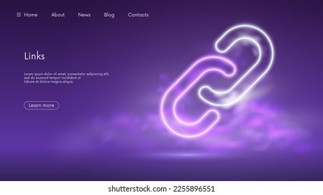 Glowing link line icon, connection and communication, chain symbol, futuristic technology with purple neon glow in the smoke, vector business background