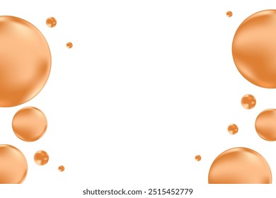 Glowing liquid brown 3D bubbles or fluid droplets isolated on transparent background. Aesthetic composition for cosmetology, beauty science, skin care molecular concept.