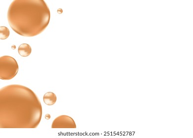 Burbujas 3D de color marrón líquido brillante o gotas de líquido aisladas sobre fondo transparente. Composición estética para cosmetología, ciencia de la belleza, concepto molecular de cuidado de la piel.