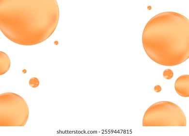 Glowing liquid brown 3D bubbles or fluid droplets isolated on transparent background. Aesthetic composition for cosmetology, beauty science, skin care molecular concept.