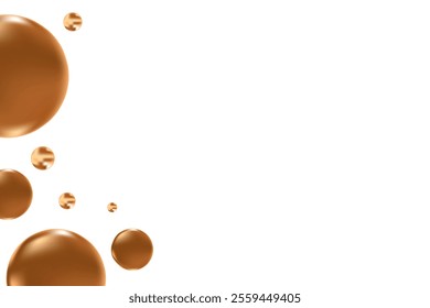 Glowing liquid chocolate brown 3D bubbles or fluid droplets isolated on transparent background. Aesthetic composition for cosmetology, beauty science, skin care molecular concept.