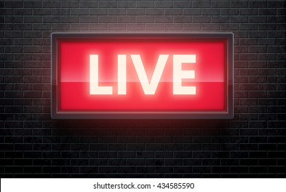 Glowing Live Red Sign Isolated On Black Brick Wall