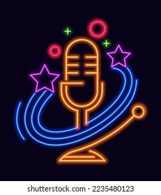 Glowing logo of night karaoke club. Isolated neon shining microphone and stars, circles and dots decoration. Entertainment and fun life. Label or sticker, logotype or sign. Vector in flat style