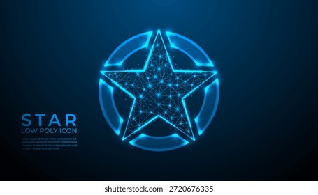 Estrela azul poli brilhante com anel de energia circular, símbolo futurista da constelação de arames, ícone abstrato da astronomia digital no fundo da tecnologia escura.