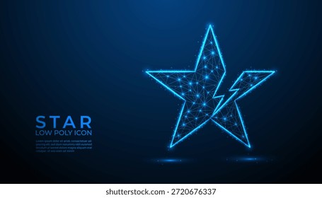 Leuchtender Low-Poly-blauer Stern mit kreisförmigem Energiering, futuristisches Drahtmodell-Konstellationssymbol, abstraktes digitales Astronomie-Symbol auf dunklem Technologie-Hintergrund.
