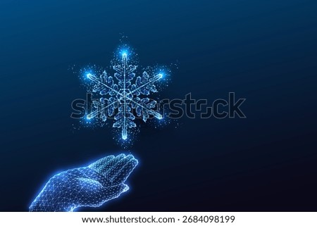 Glowing low poly digital hand reaching to catch snowflake. Minimalist futuristic Christmas winter concept in tech style. Great for innovation-themed holiday backgrounds or posters. Vector illustration