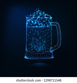 Glowing low poly full glass mug of fresh cold beer with foam made of lines, stars, and triangles on dark blue background. Brewing technology concept. Futuristic wireframe design vector illustration.