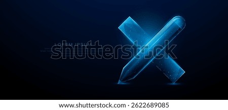 Glowing low poly pencil and ruler crossed in X shape on a dark blue futuristic tech background