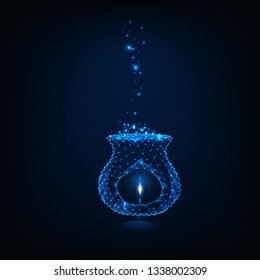 Glowing low  polygonal aroma lamp with burning candle and vapors of essential oil isolated on dark blue background. Aromatherapy, alternative medicine. Futuristic wireframe design vector illustration