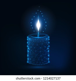 Glowing low polygonal aromatic candle stick on dark blue background. Modern wireframe design vector illustration.