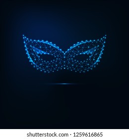 Glowing low polygonal carnival masquerade mask made of lines, stars, triangular shapes isolated on dark blue background. Futuristic wireframe design vector illustration.